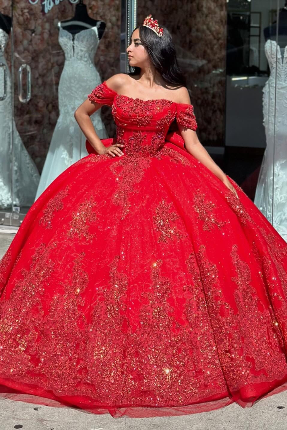 Sparkly Red Off the Shoulder Applique Princess Tulle Quinceanera Dress with Bow