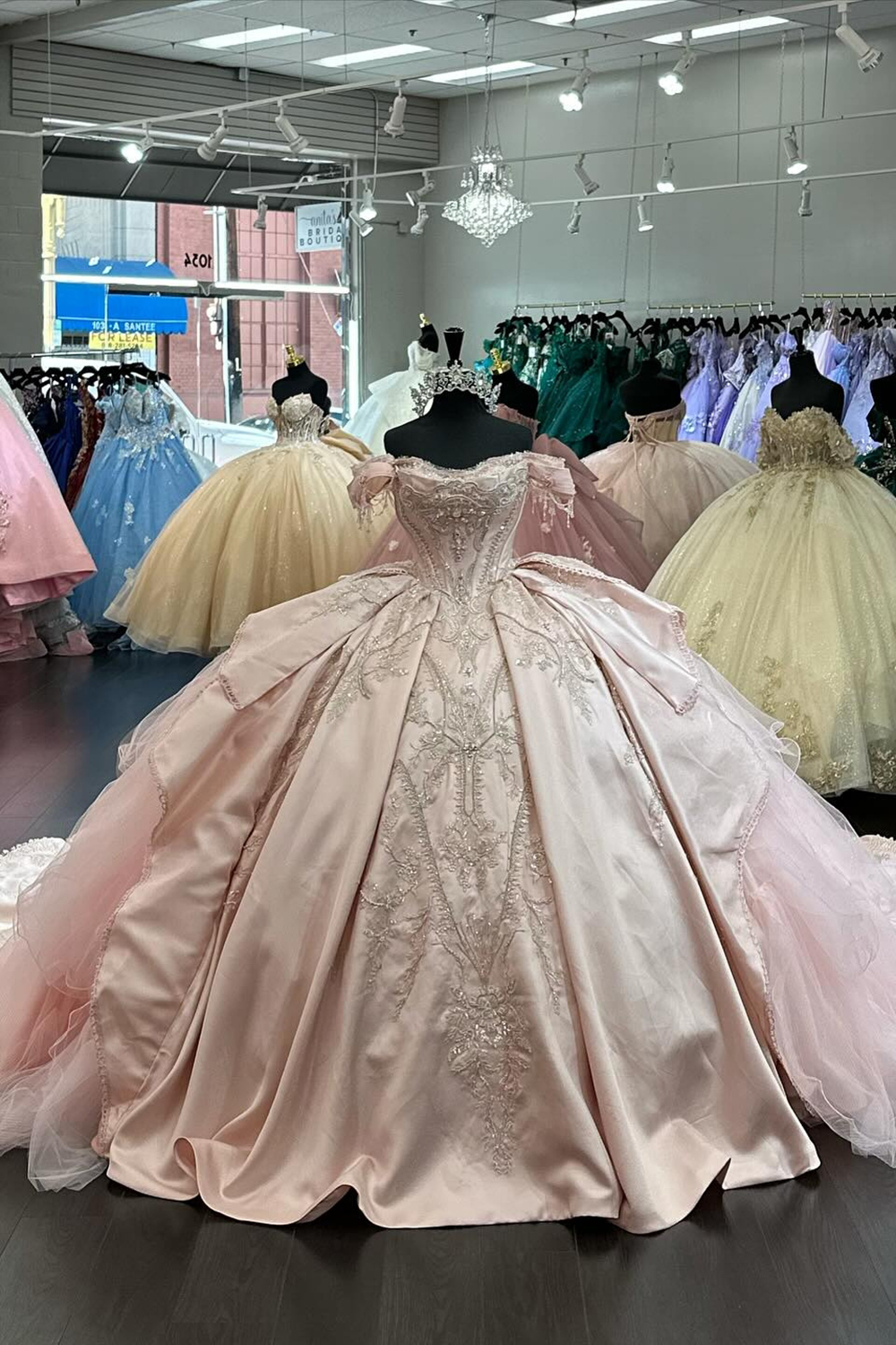Blush Off the Shoulder Satin Applique Princess Quinceanera Dress with Train