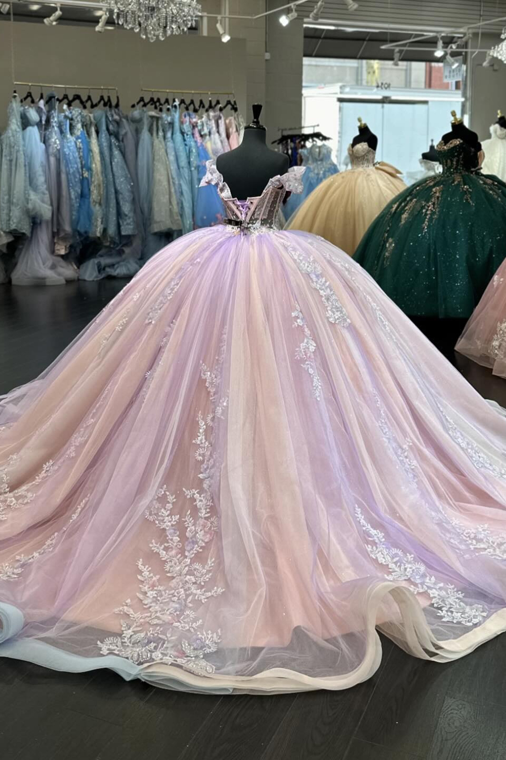 Blush Off the Shoulder Beaded Applique Princess Tulle Quinceanera Dress