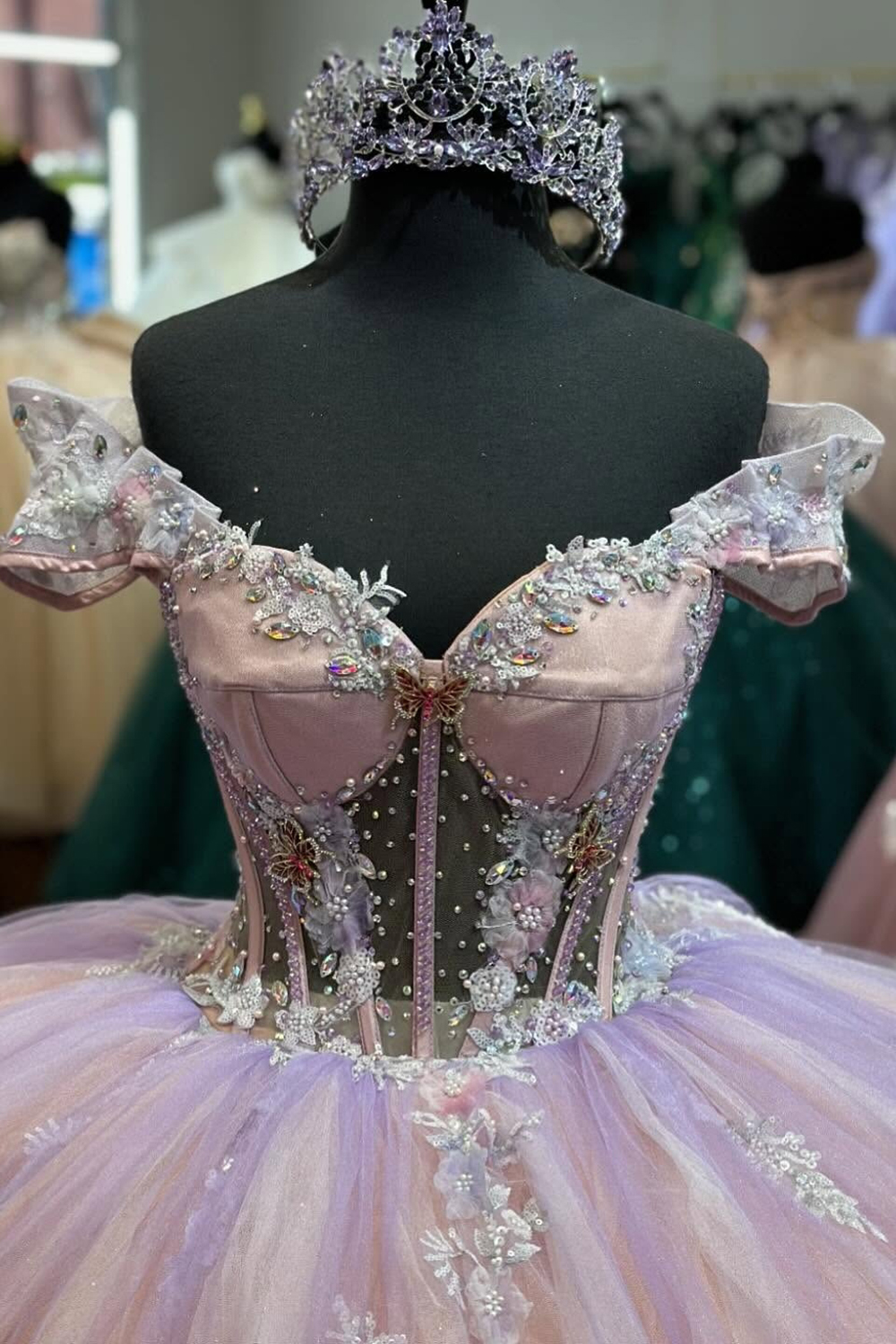 Blush Off the Shoulder Beaded Applique Princess Tulle Quinceanera Dress