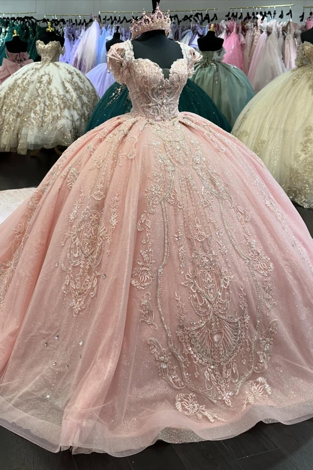 Sparkly Blush Square Neck Beaded Applique Princess Tulle Quinceanera Dress with Train
