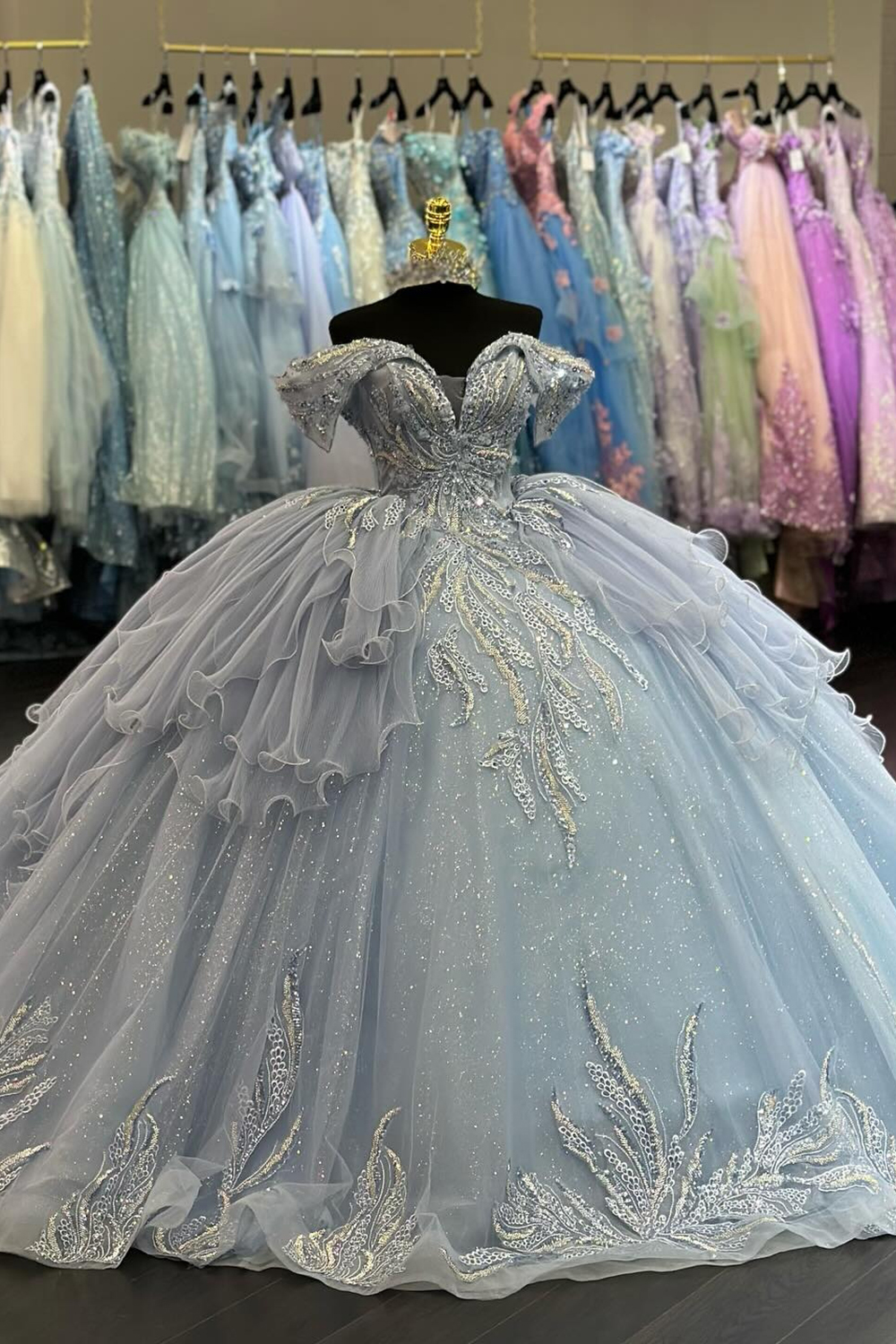 Sparkly Light Blue Off the Shoulder Applique Ball Gown Tulle Quinceanera Dress with Train
