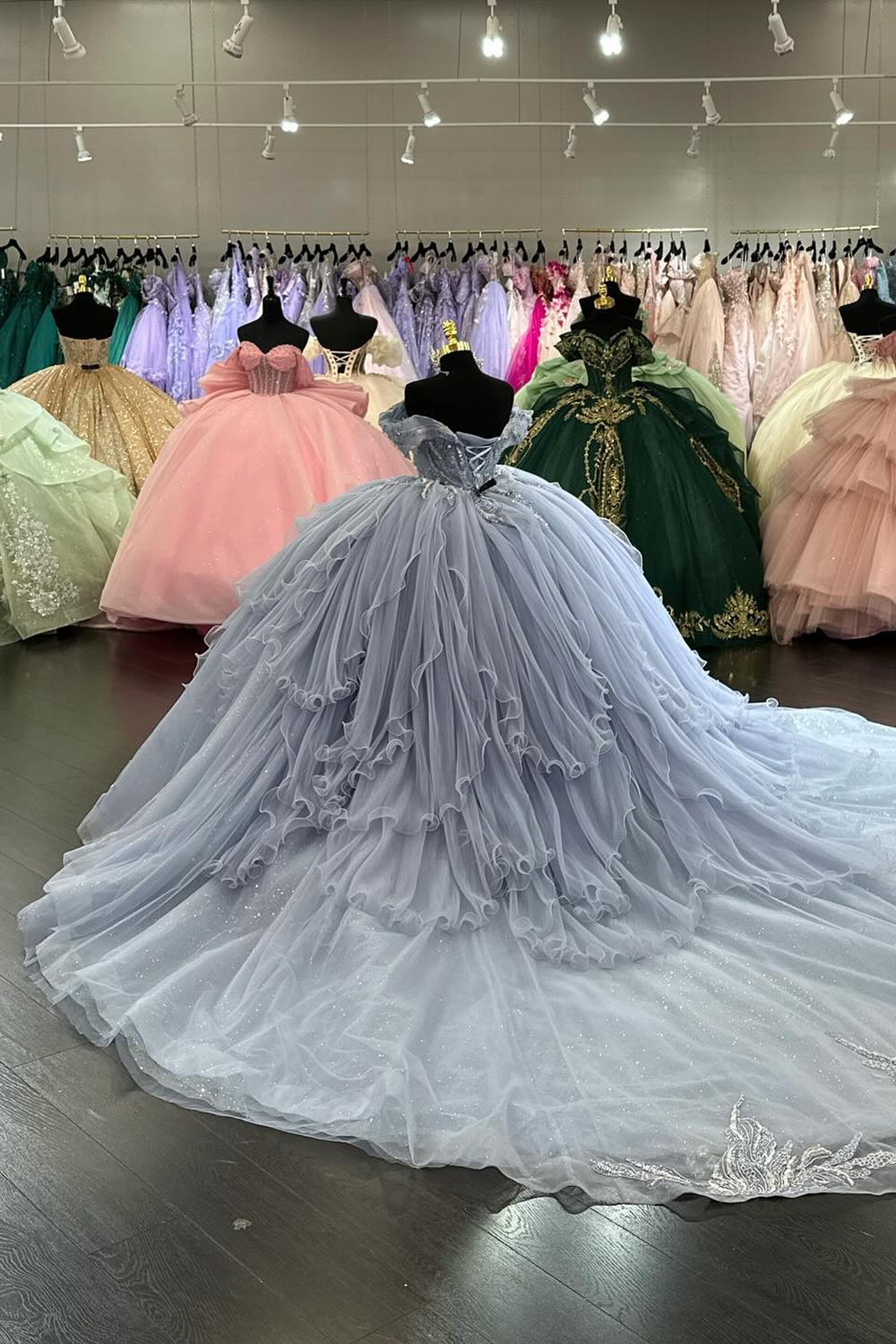 Sparkly Light Blue Off the Shoulder Applique Ball Gown Tulle Quinceanera Dress with Train