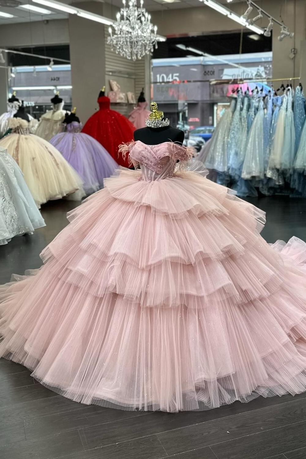 Blush Off the Shoulder Pleated Tiered Princess Tulle Quinceanera Dress with Sequins