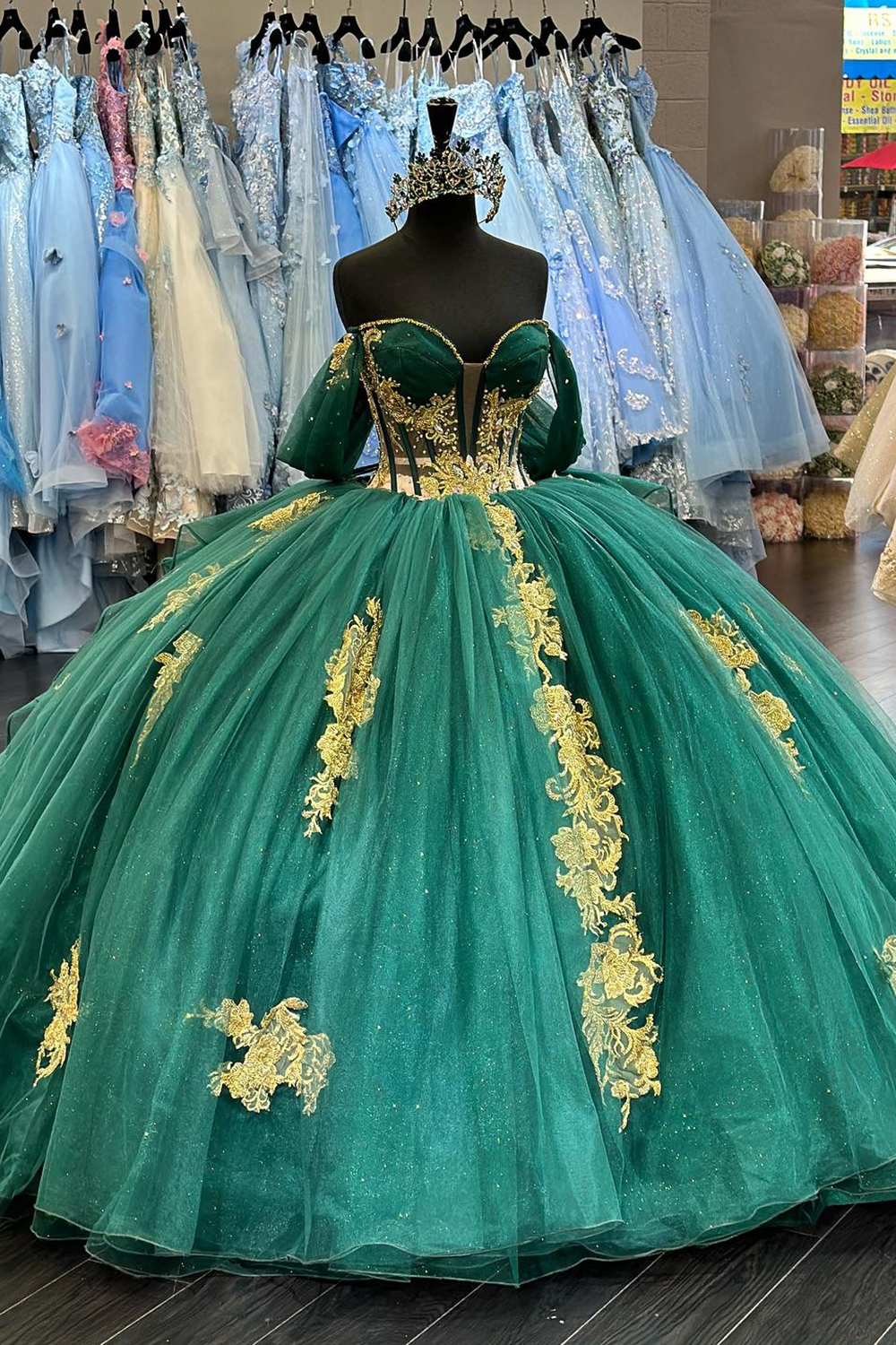 Sparkly Dark Green Off the Shoulder Applique Ball Gown Tulle Quinceanera Dress