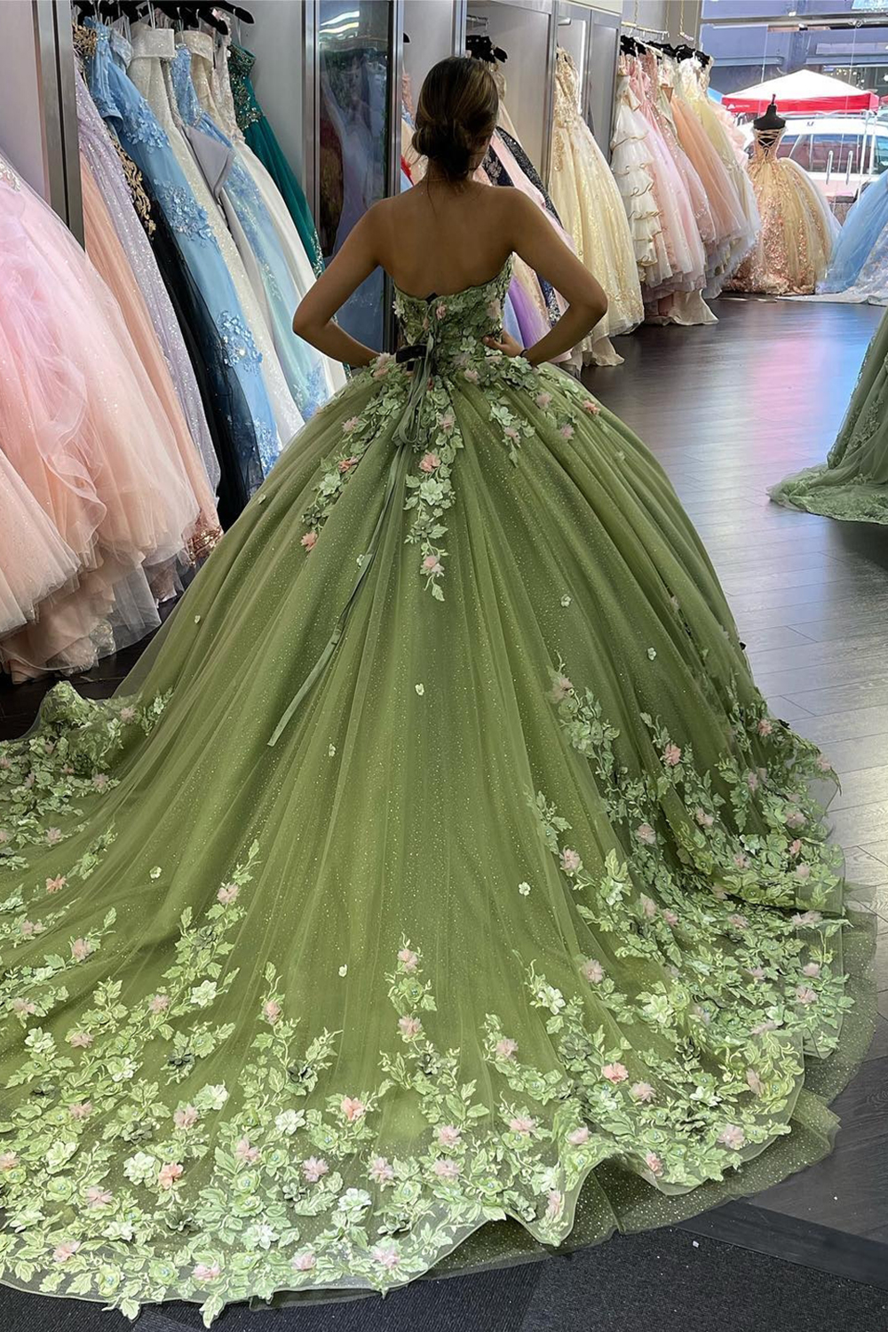 Sparkly Green Off the Shoulder Applique Princess Tulle Quinceanera Dress with Train