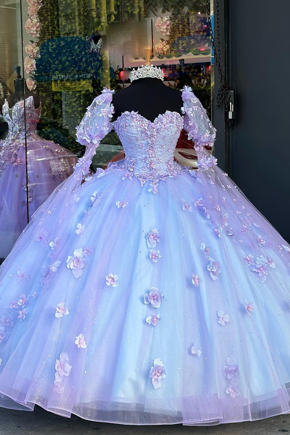 Sparkly Blue Lilac Floral Sweetheart Ball Gown Tulle Quinceanera Dress with Long Sleeves