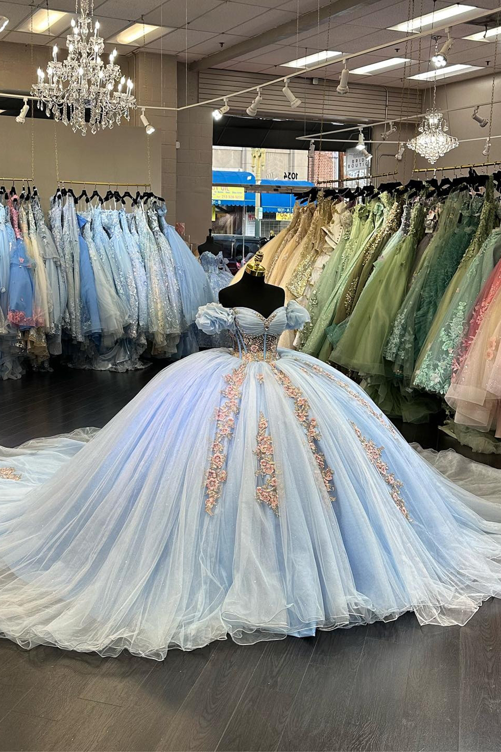 Sparkly Light Blue Floral Off the Shoulder Applique Princess Tulle Quinceanera Dress