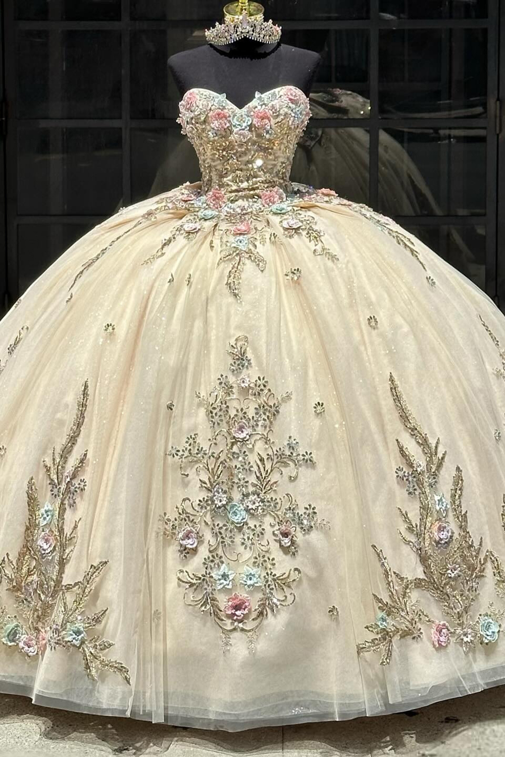 Sparkly Golden Sweetheart Bow Ball Gown Tulle Quinceanera Dress with Floral