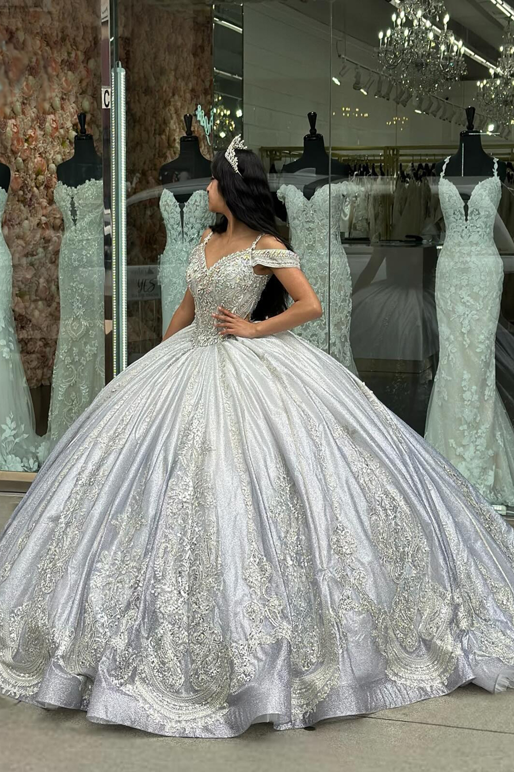 Sparkly Sliver Cold Shoulder Beaded Applique Princess Tulle Quinceanera Dress