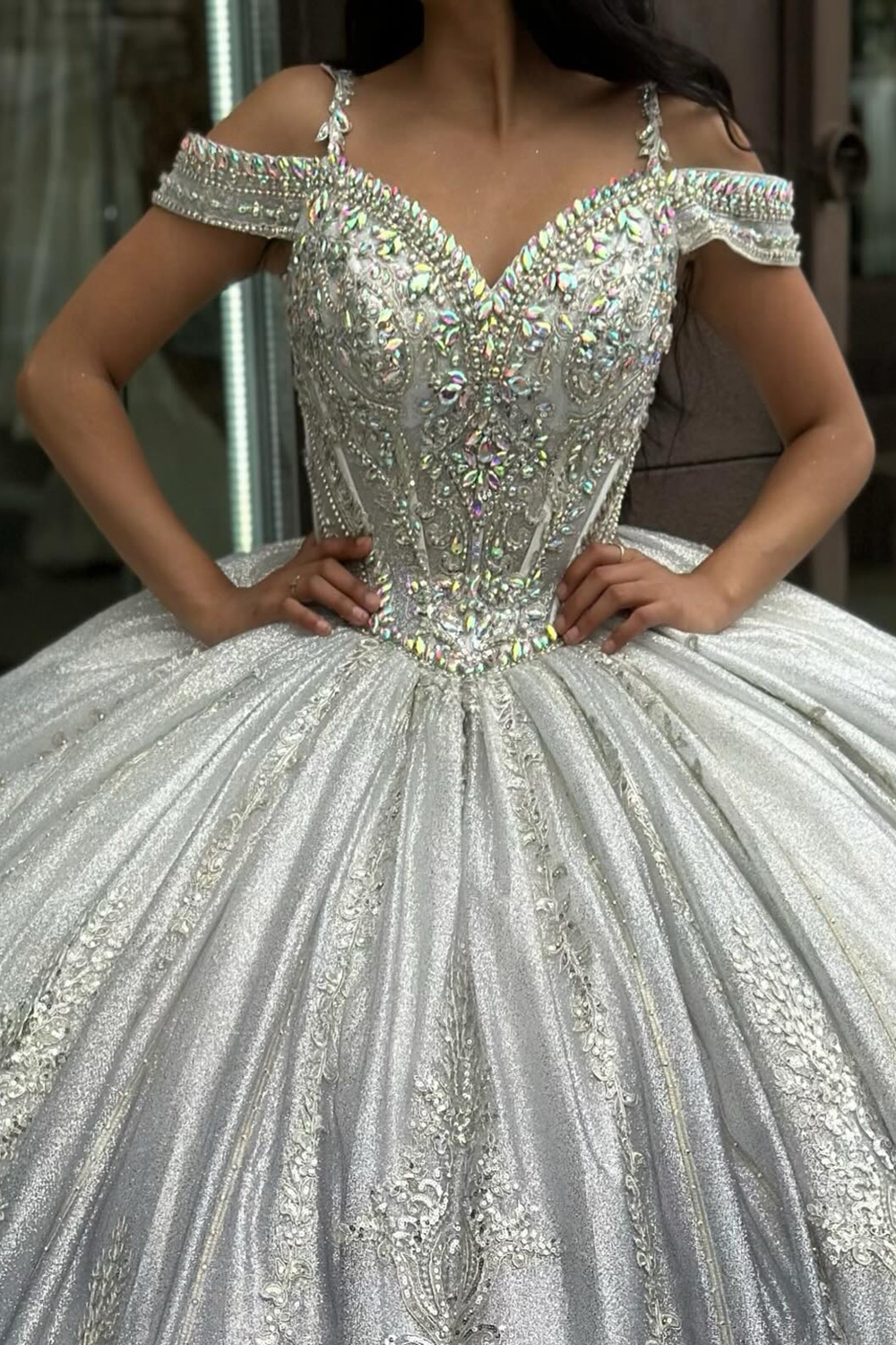 Sparkly Sliver Cold Shoulder Beaded Applique Princess Tulle Quinceanera Dress