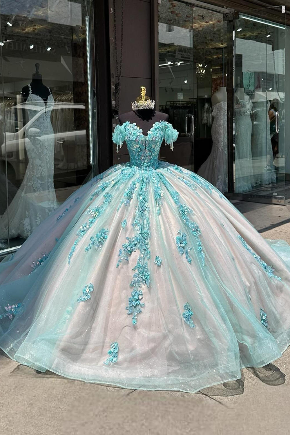Sparkly Green Pink Off the Shoulder Sequin Applique Princess Tulle Quinceanera Dress with Train