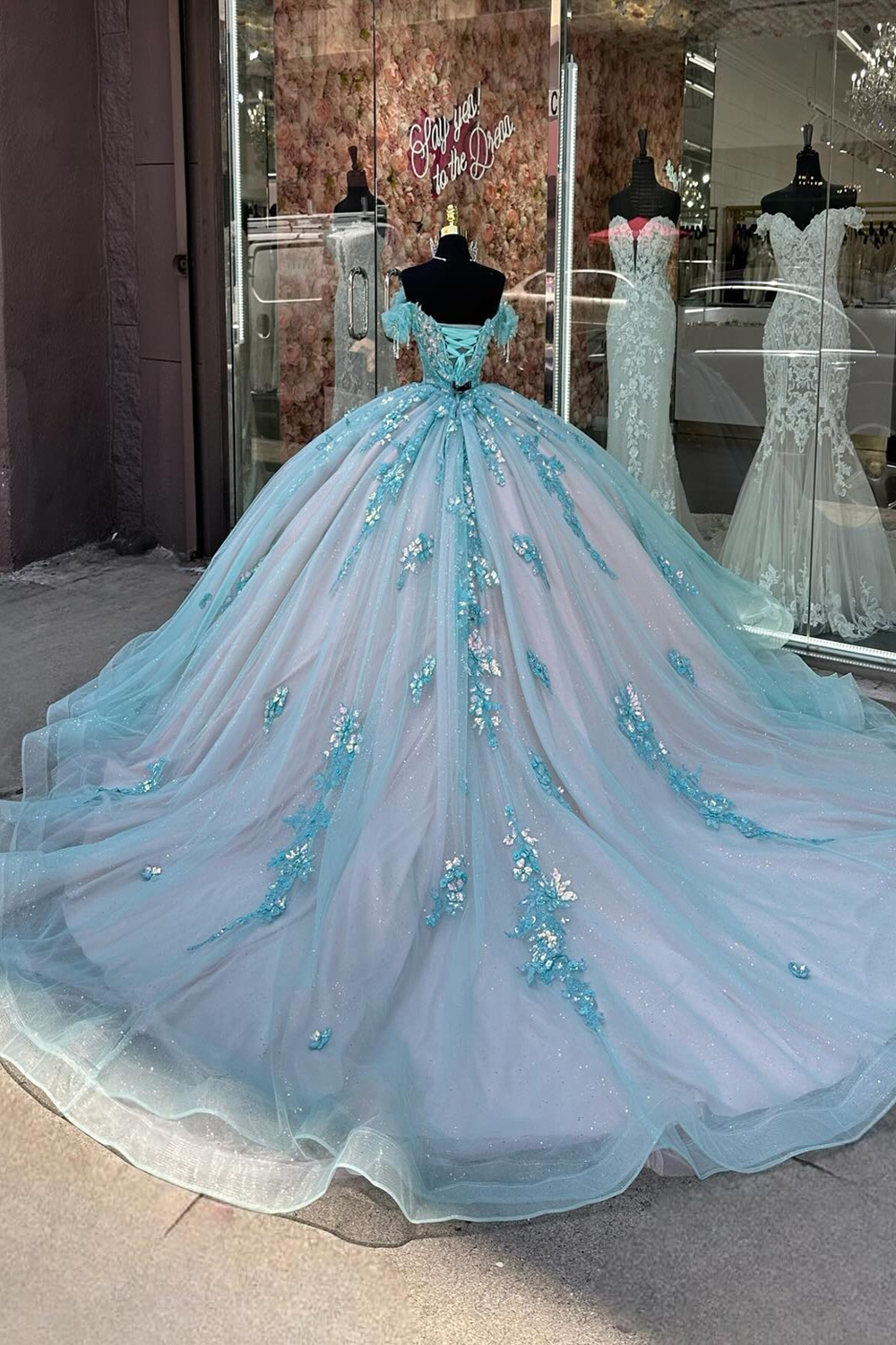 Sparkly Green Pink Off the Shoulder Sequin Applique Princess Tulle Quinceanera Dress with Train