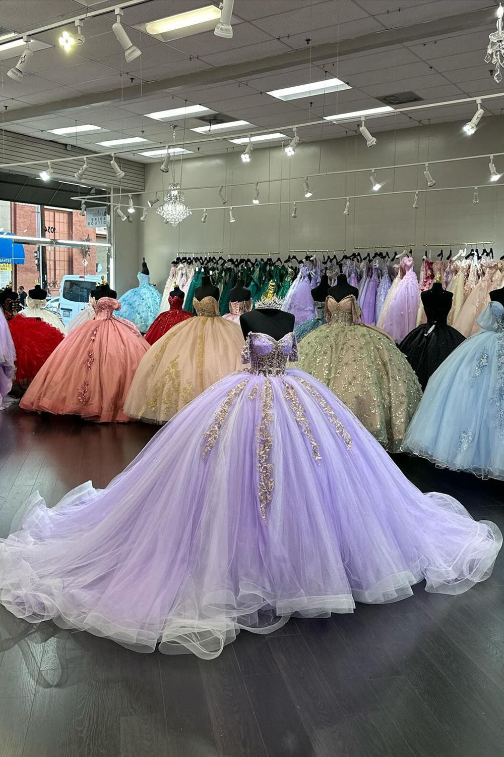 Lilac Off the Shoulder Applique Ball Gown Tulle Quinceanera Dress