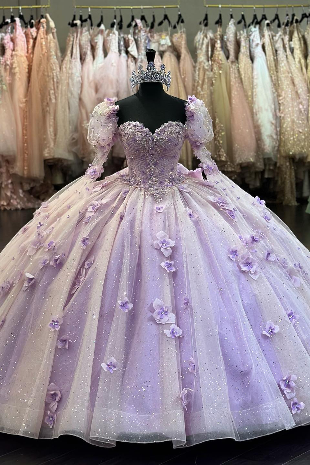 Sparkly Lilac Floral Sweetheart Sequin Princess Tulle Quinceanera Dress with Long Sleeves