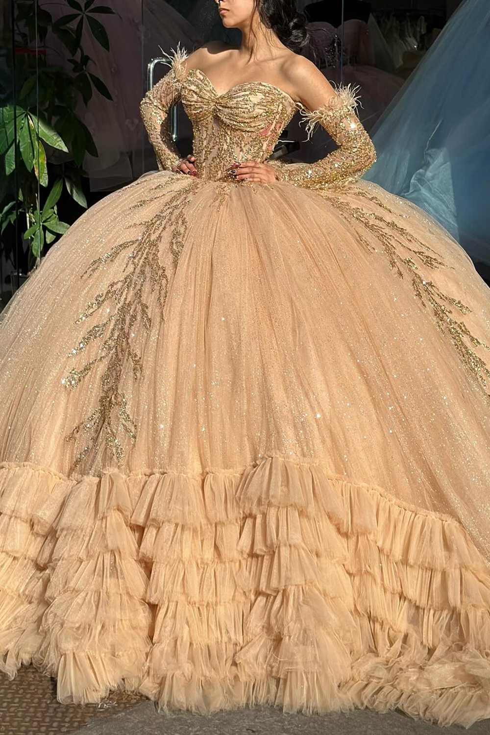Sparkly Champagne Off the Shoulder Sequin Applique Princess Tulle Quinceanera Dress with Train