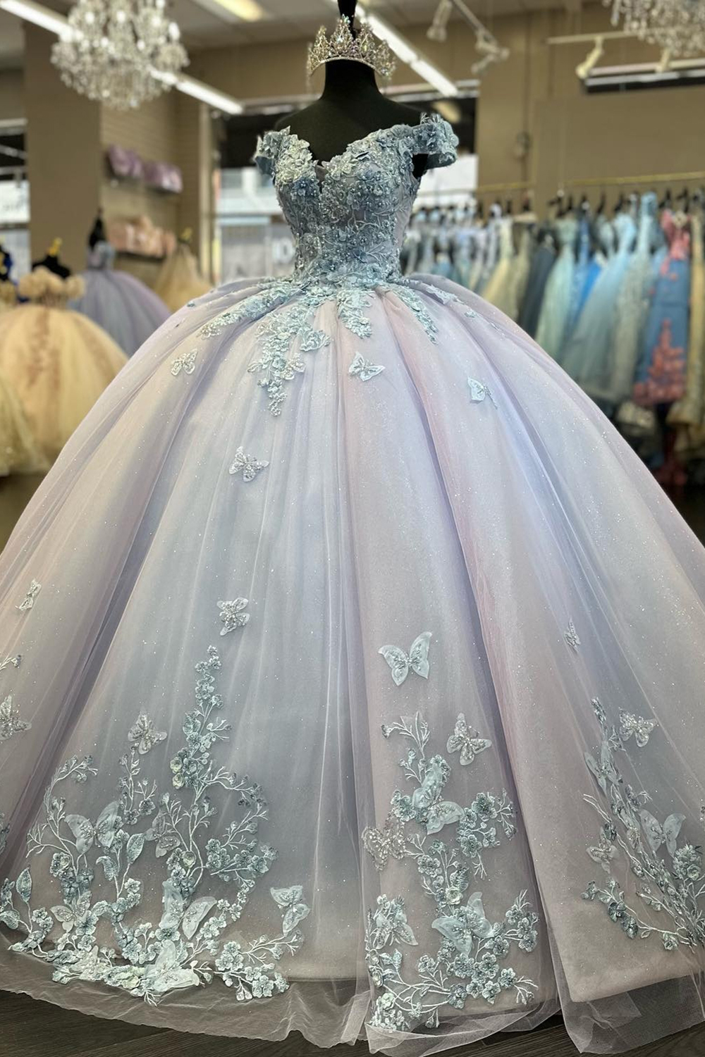 Sparkly Blue Lilac Butterfly Off the Shoulder Applique Princess Tulle Quinceanera Dress