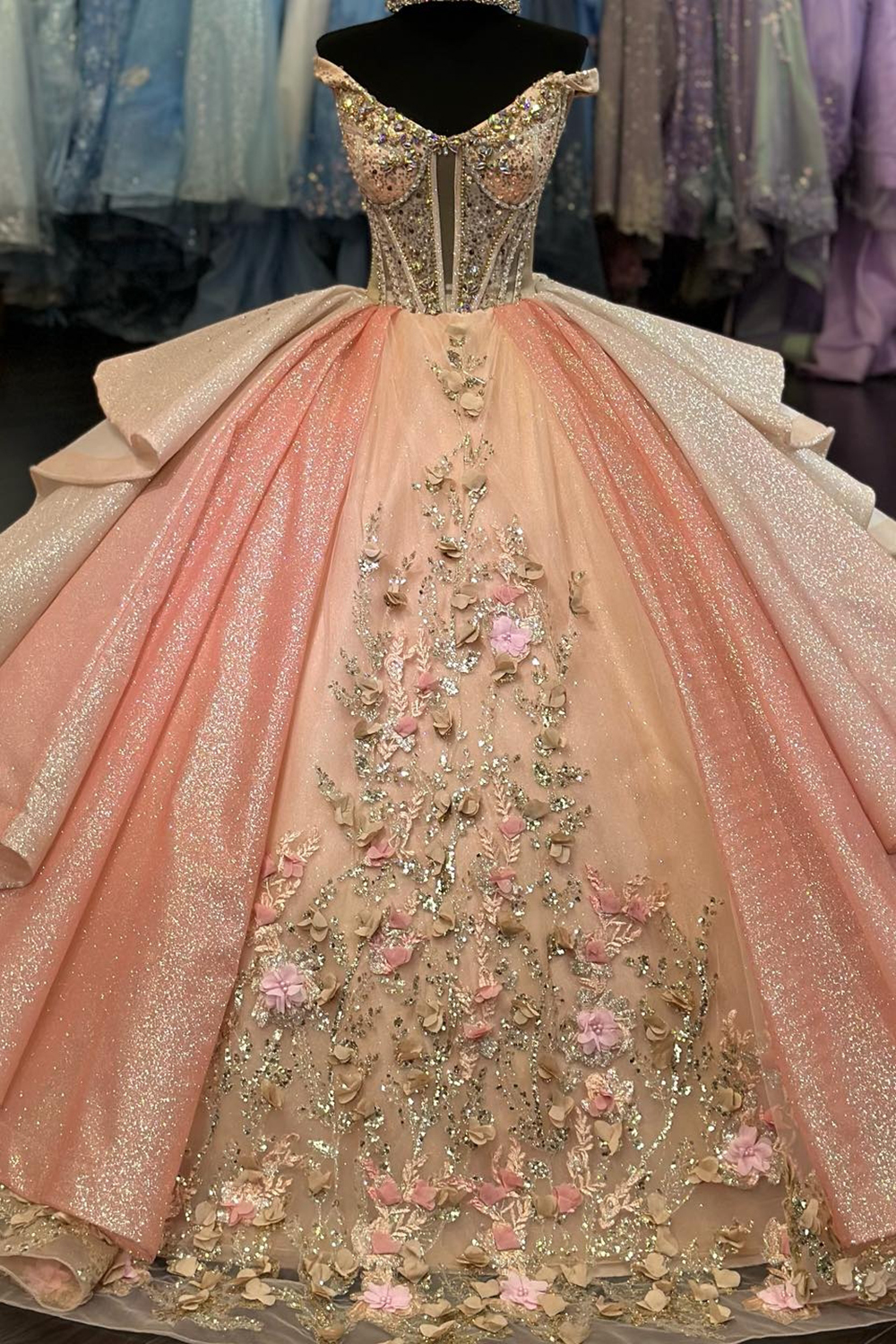 Sparkly Pink Gloden Off the Shoulder Sequin Applique Princess Tulle Quinceanera Dress