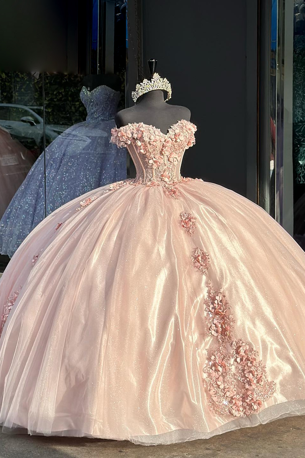 Sparkly Blush Floral Off the Shoulder Sequin Applique Ball Gown Tulle Quinceanera Dress