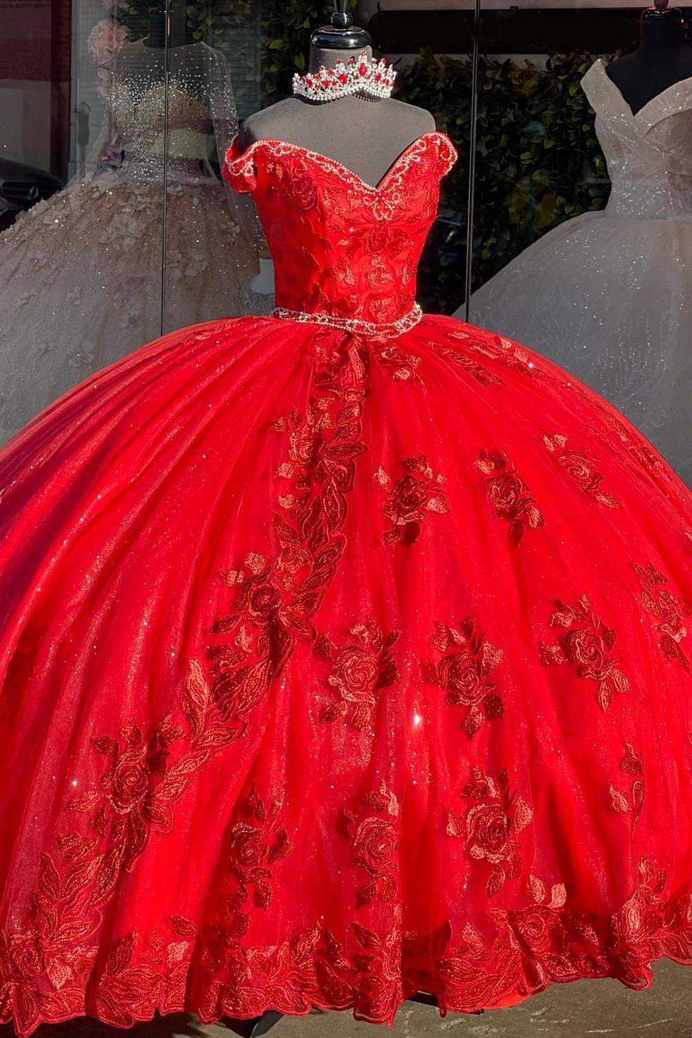 Sparkly Red Off the Shoulder Beaded Ball Gown Tulle Quinceanera Dress