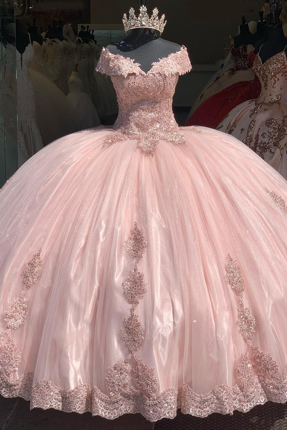 Sparkly Blush Off the Shoulder Applique Ball Gown Tulle Quinceanera Dress