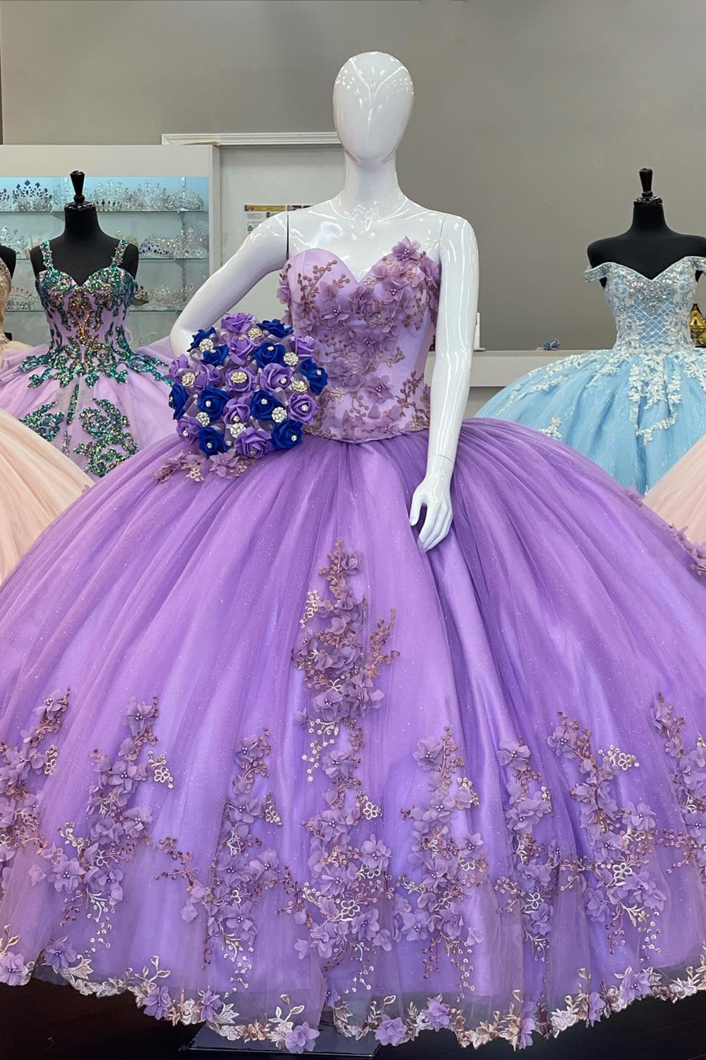 Purple Floral Sweetheart Applique Princess Tulle Quinceanera Dress