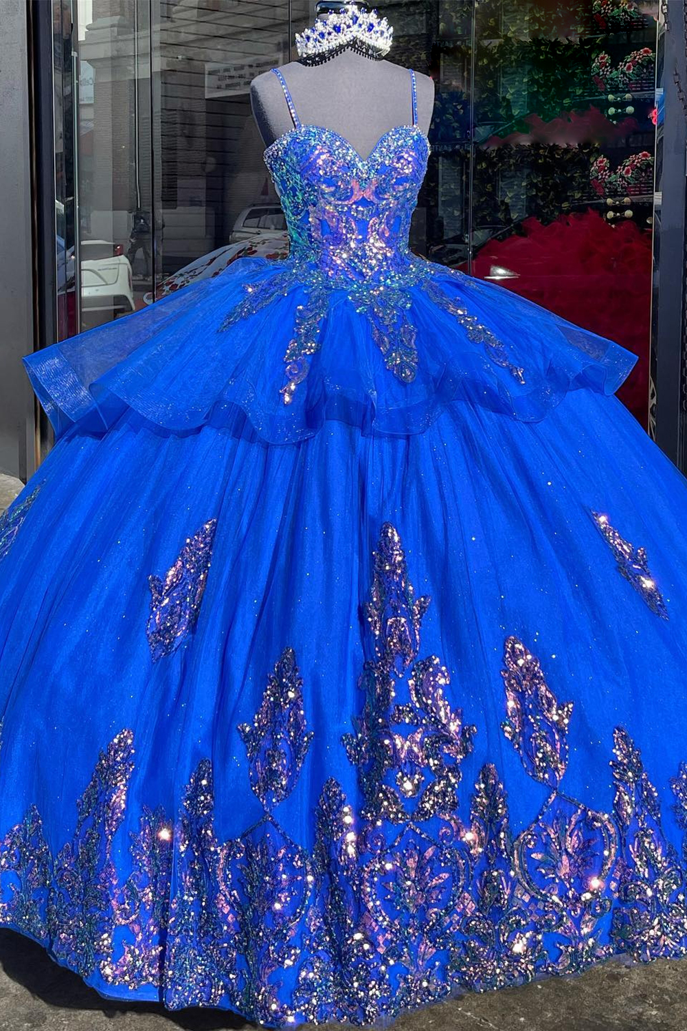Sparkly Royal Blue Spaghetti Straps Sequin Applique Ball Gown Tulle Quinceanera Dress