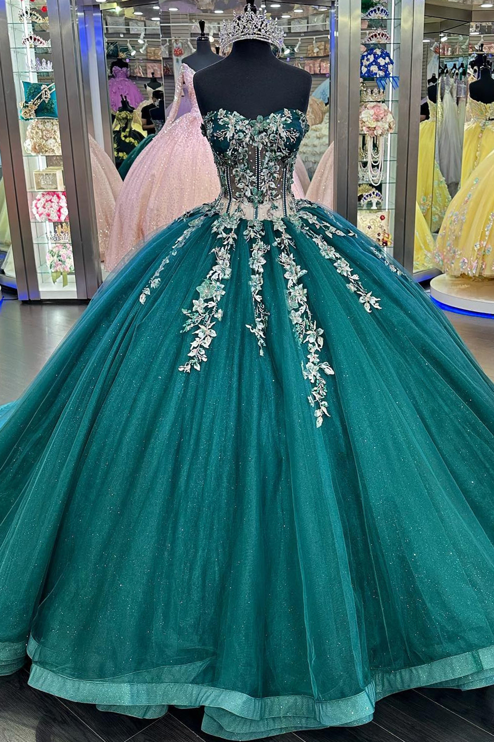 Sparkly Dark Green Sweetheart Applique Princess Tulle Quinceanera Dress