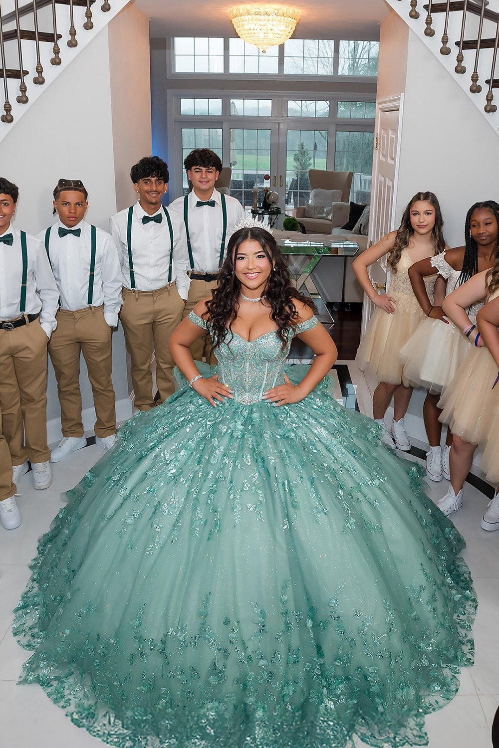 Sparkly Green Off the Shoulder Beaded Applique Ball Gown Tulle Quinceanera Dress