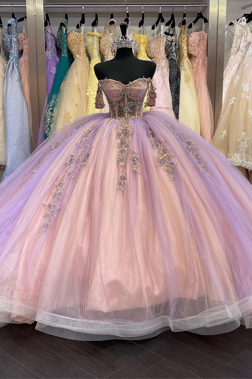 Lilac Blush Off the Shoulder Applique Rrincess Tulle Quinceanera Dress