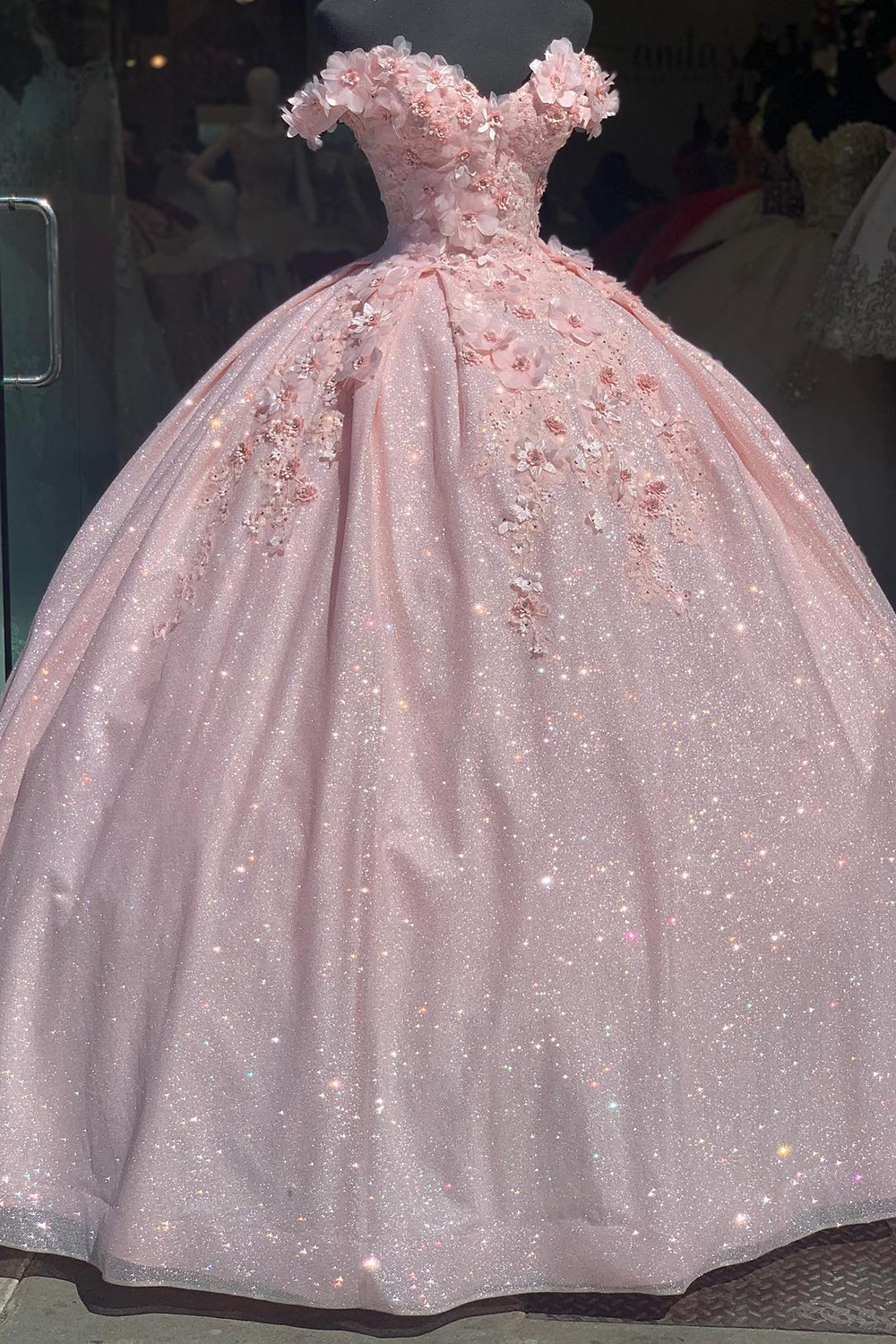 Sparkly Pink Off The Shoulder Beaded Applique Princess Tulle Quinceanera Dress