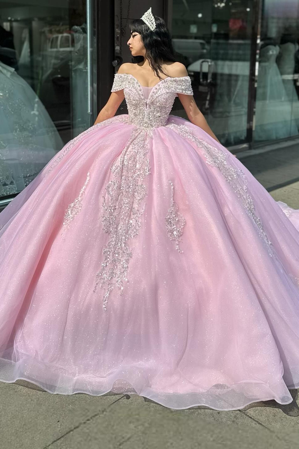 Sparkly Pink Off The Shoulder Beaded Applique Princess Tulle Quinceanera Dress with Sequins