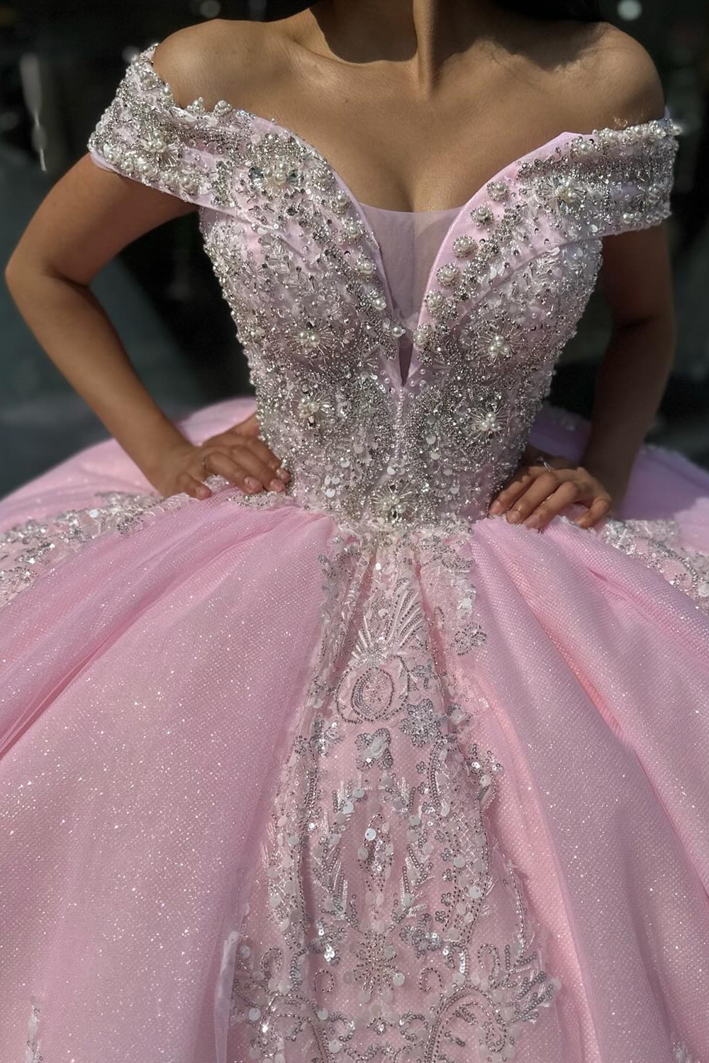 Sparkly Pink Off The Shoulder Beaded Applique Princess Tulle Quinceanera Dress with Sequins
