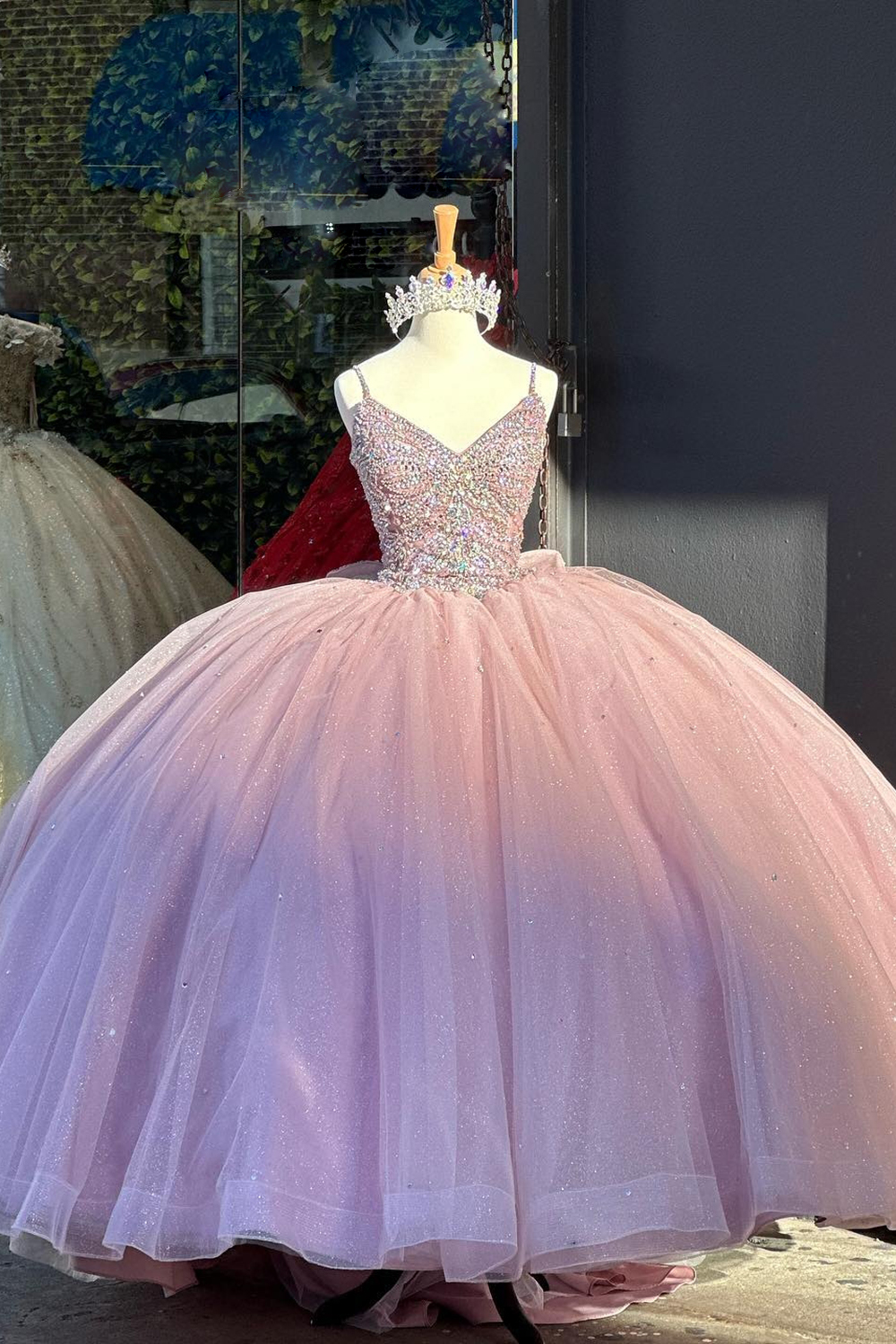 Sparkly Pink Spaghetti Straps Beaded Princess Tulle Quinceanera Dress with Bow