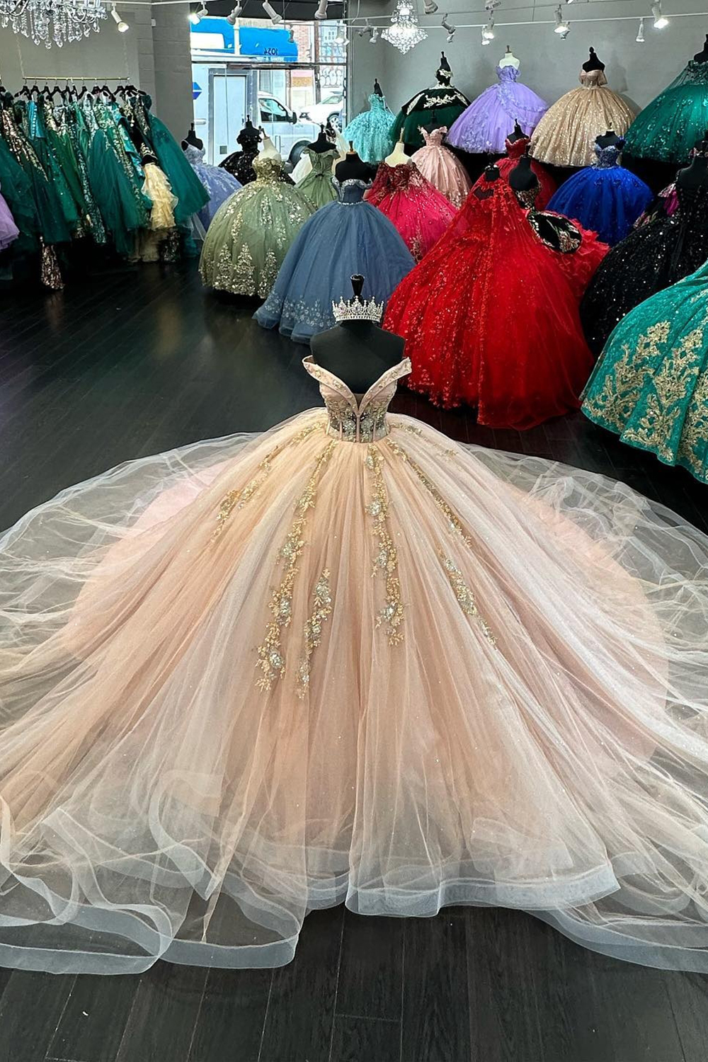 Blush Off the Shoulder Applique Ball Gown Tulle Quinceanera Dress