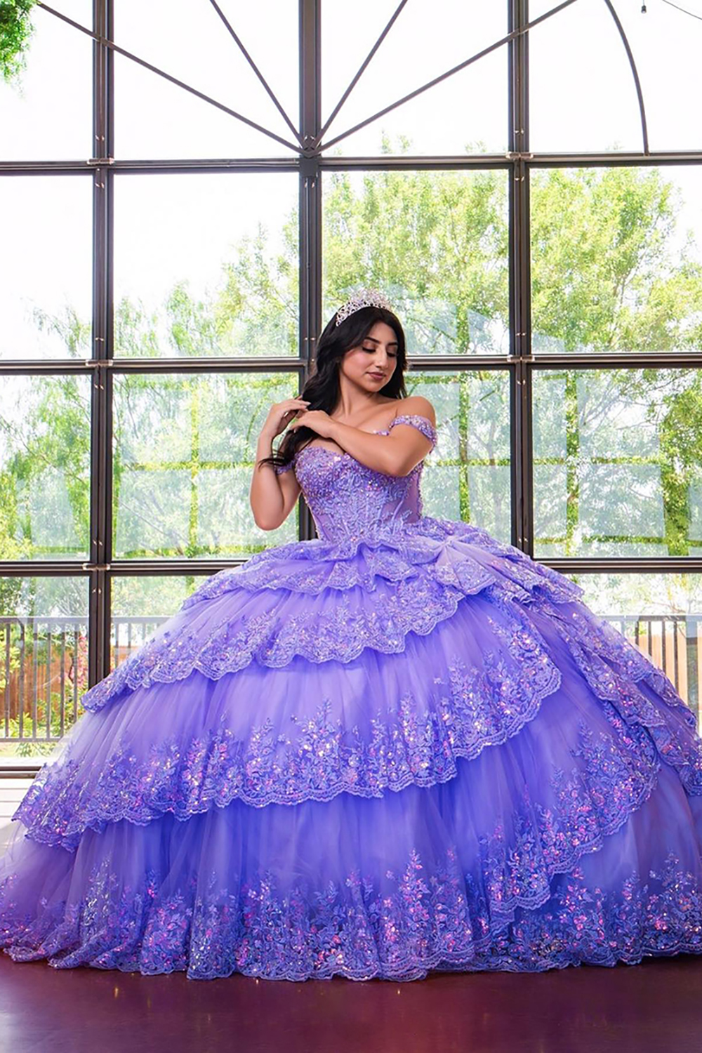 Lavender Off the Shoulder Sequin Princess Tulle Tiered Quinceanera Dress