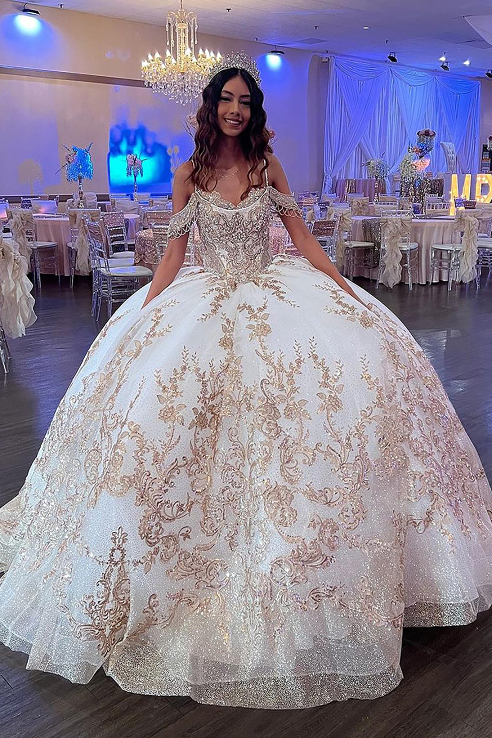 Sparkly Golden Ivory Cold Shoulder Ball Gown Sequins Quinceanera Dress