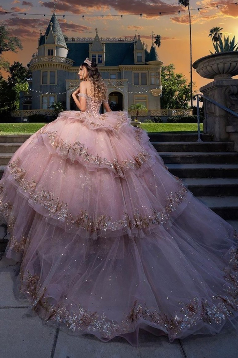 Glitter Pink Off the Shoulder Ball Gown Tulle Quinceanera Dress with Appliques