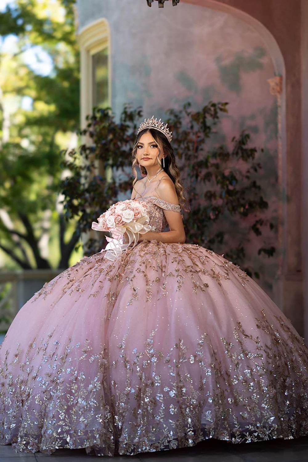 Glitter Pink Off the Shoulder Ball Gown Tulle Quinceanera Dress with Appliques