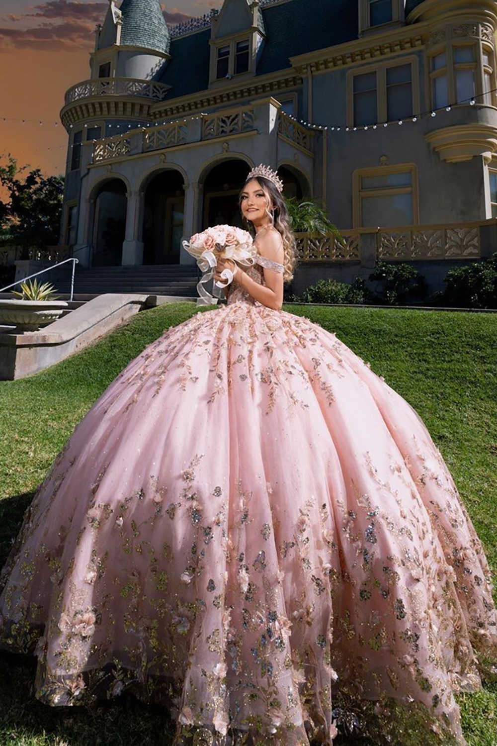 Glitter Pink Off the Shoulder Ball Gown Tulle Quinceanera Dress with Appliques