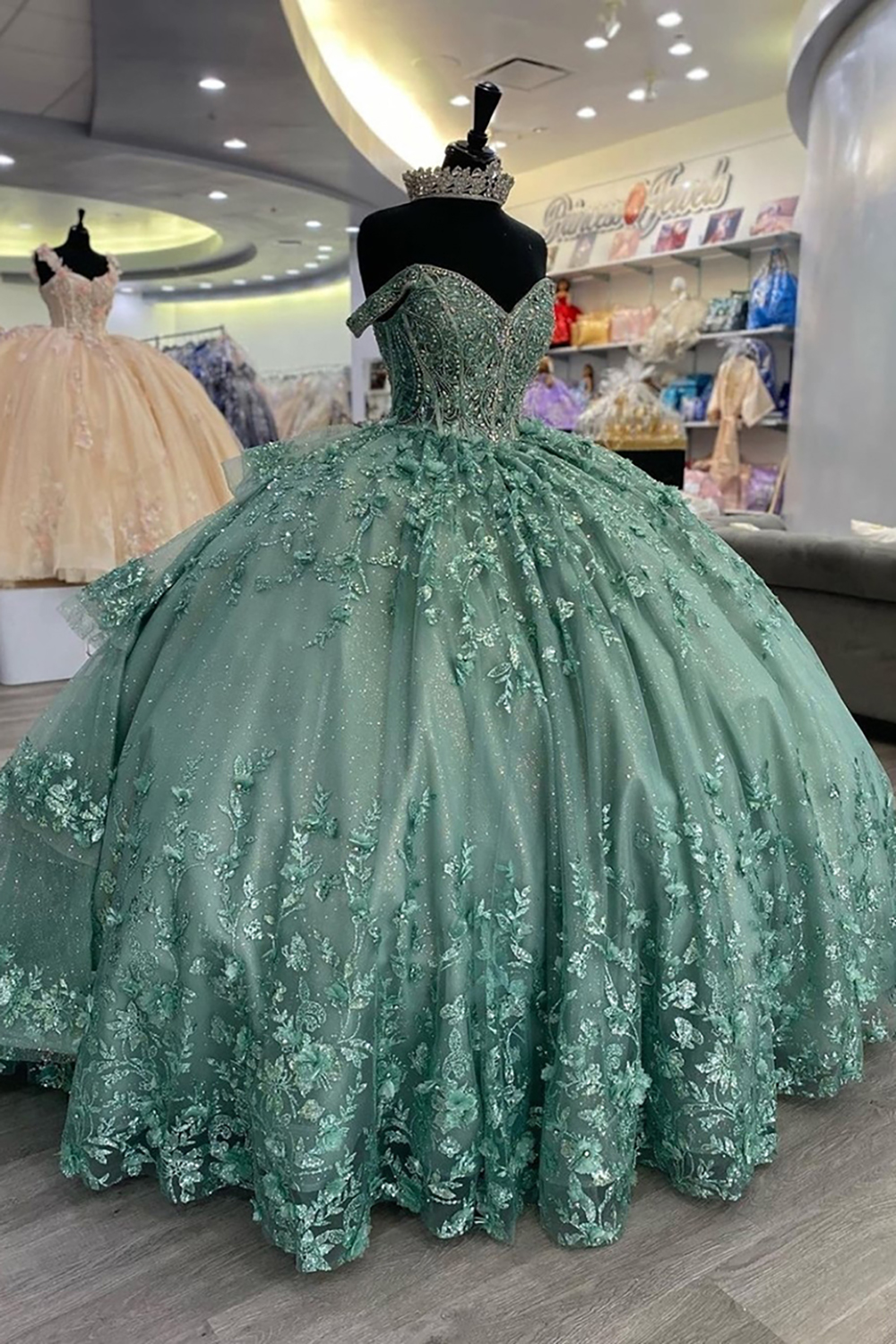 Glitter Pink Off the Shoulder Ball Gown Tulle Quinceanera Dress with Appliques