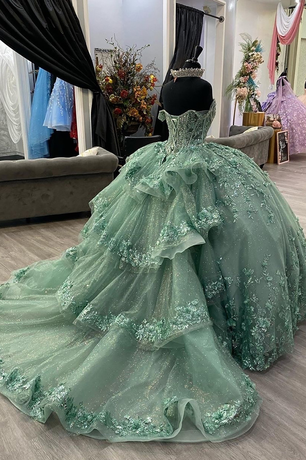 Glitter Pink Off the Shoulder Ball Gown Tulle Quinceanera Dress with Appliques