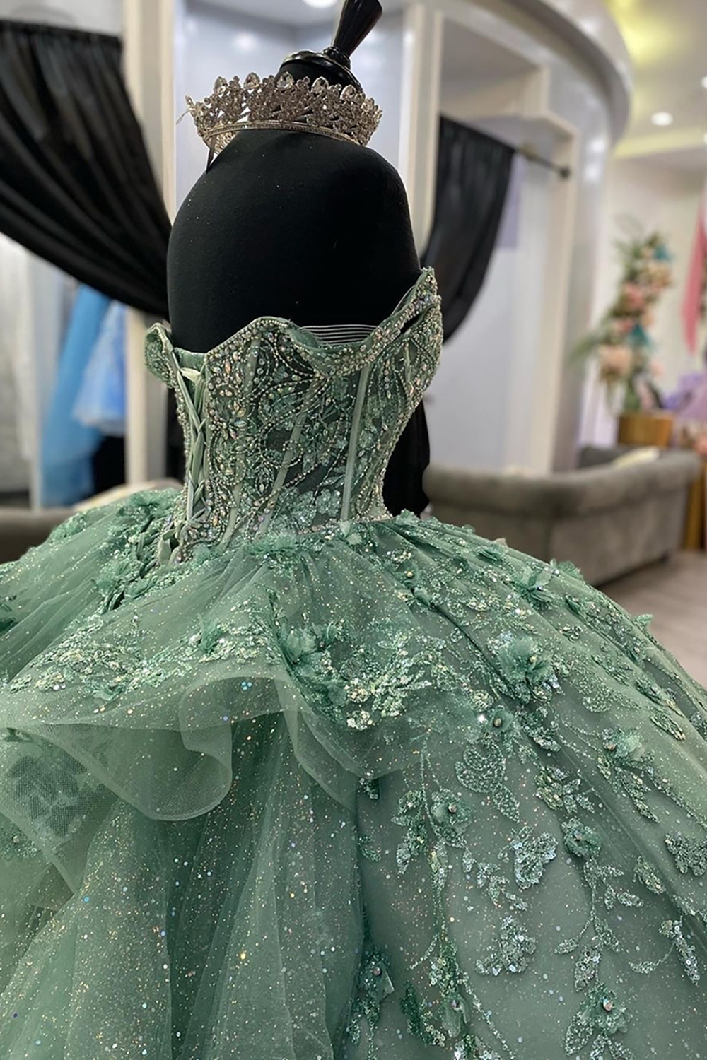 Glitter Pink Off the Shoulder Ball Gown Tulle Quinceanera Dress with Appliques