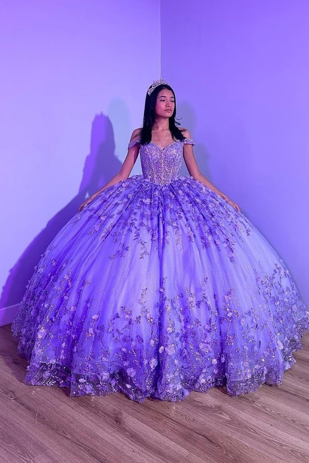 Glitter Pink Off the Shoulder Ball Gown Tulle Quinceanera Dress with Appliques