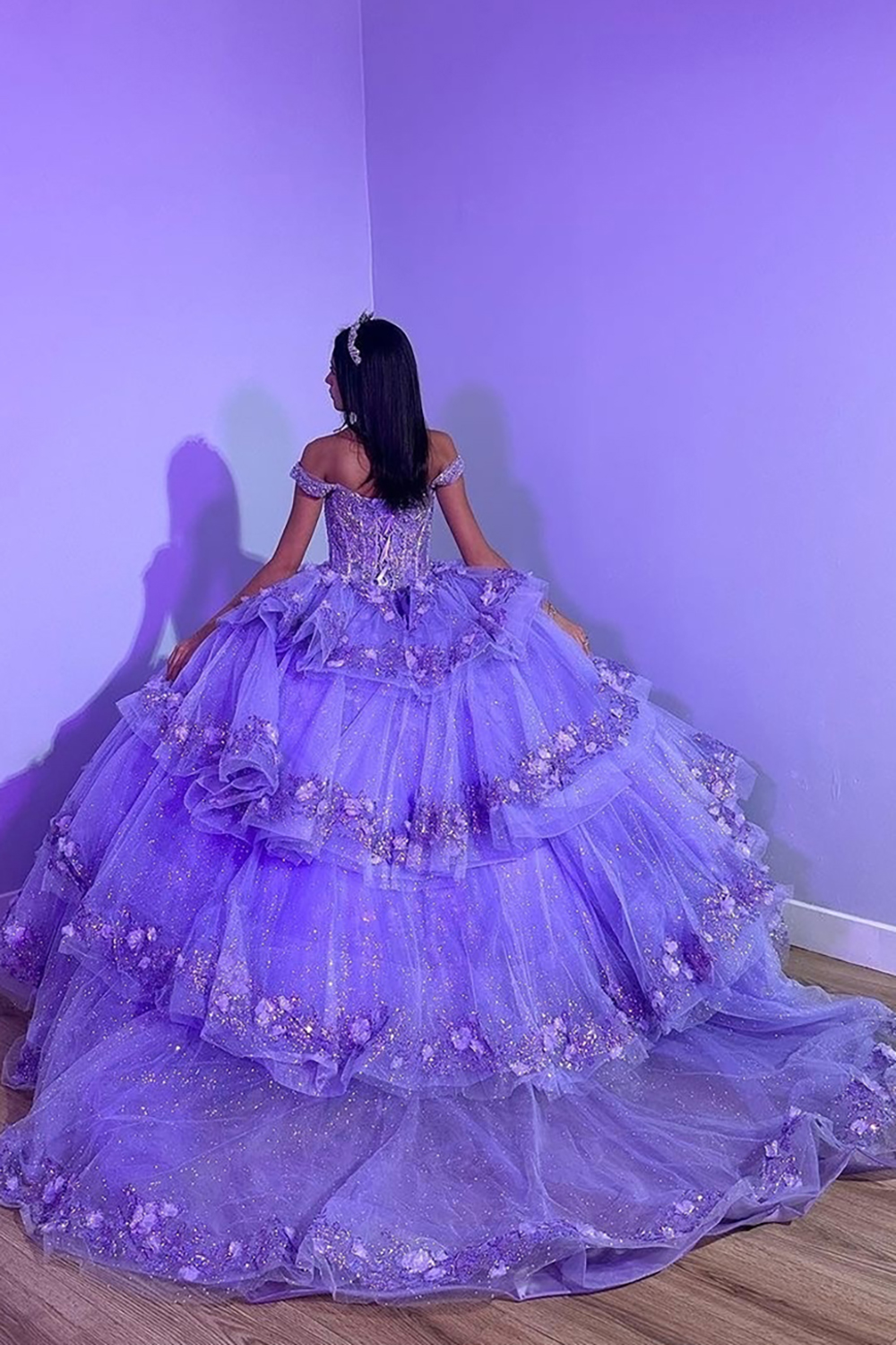 Glitter Pink Off the Shoulder Ball Gown Tulle Quinceanera Dress with Appliques