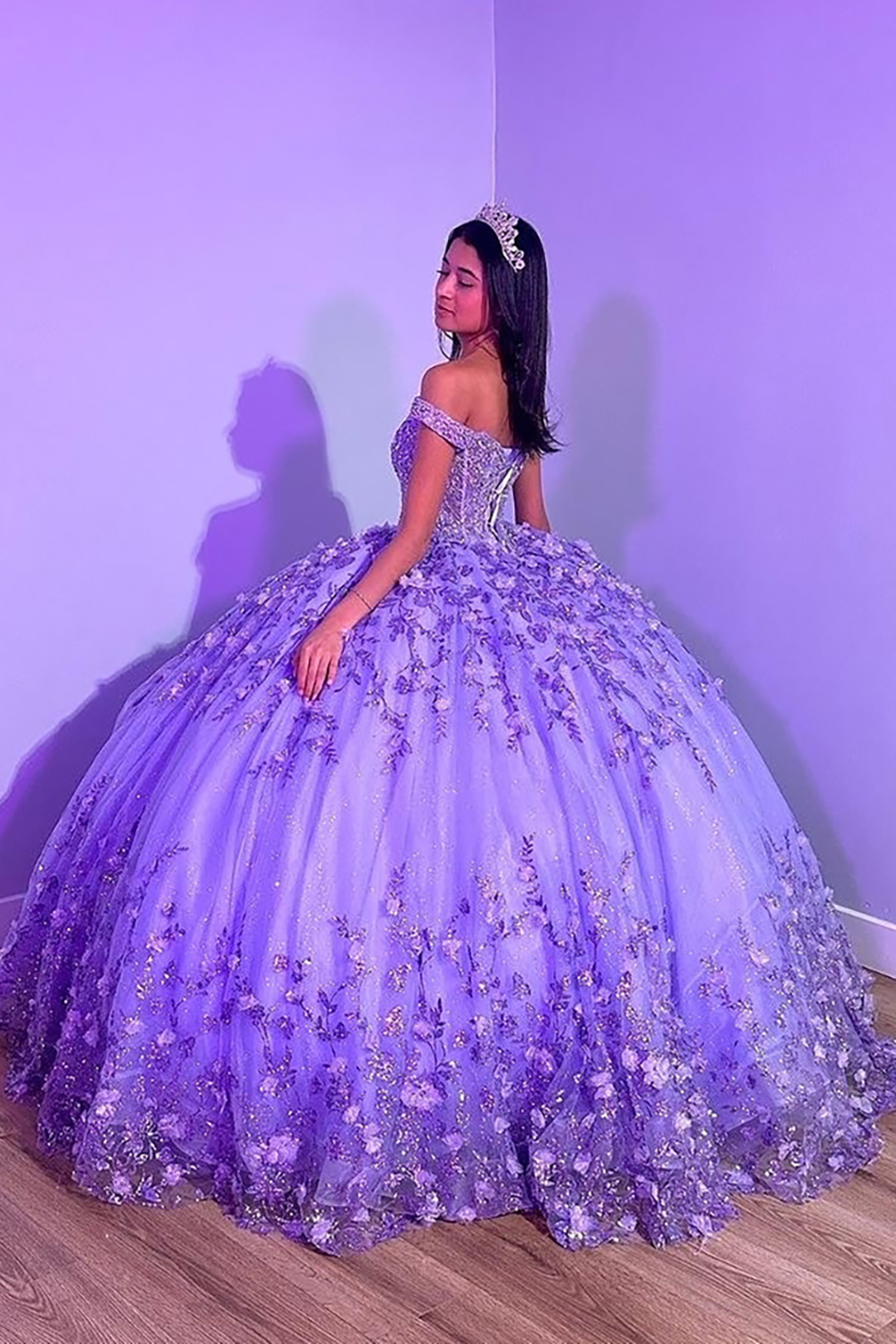 Glitter Pink Off the Shoulder Ball Gown Tulle Quinceanera Dress with Appliques