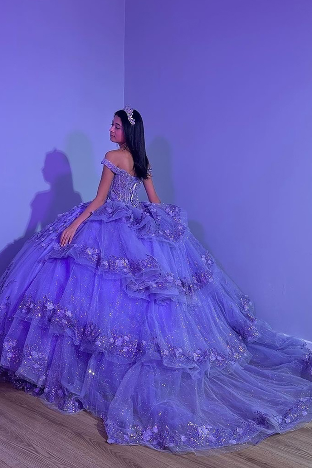 Glitter Pink Off the Shoulder Ball Gown Tulle Quinceanera Dress with Appliques