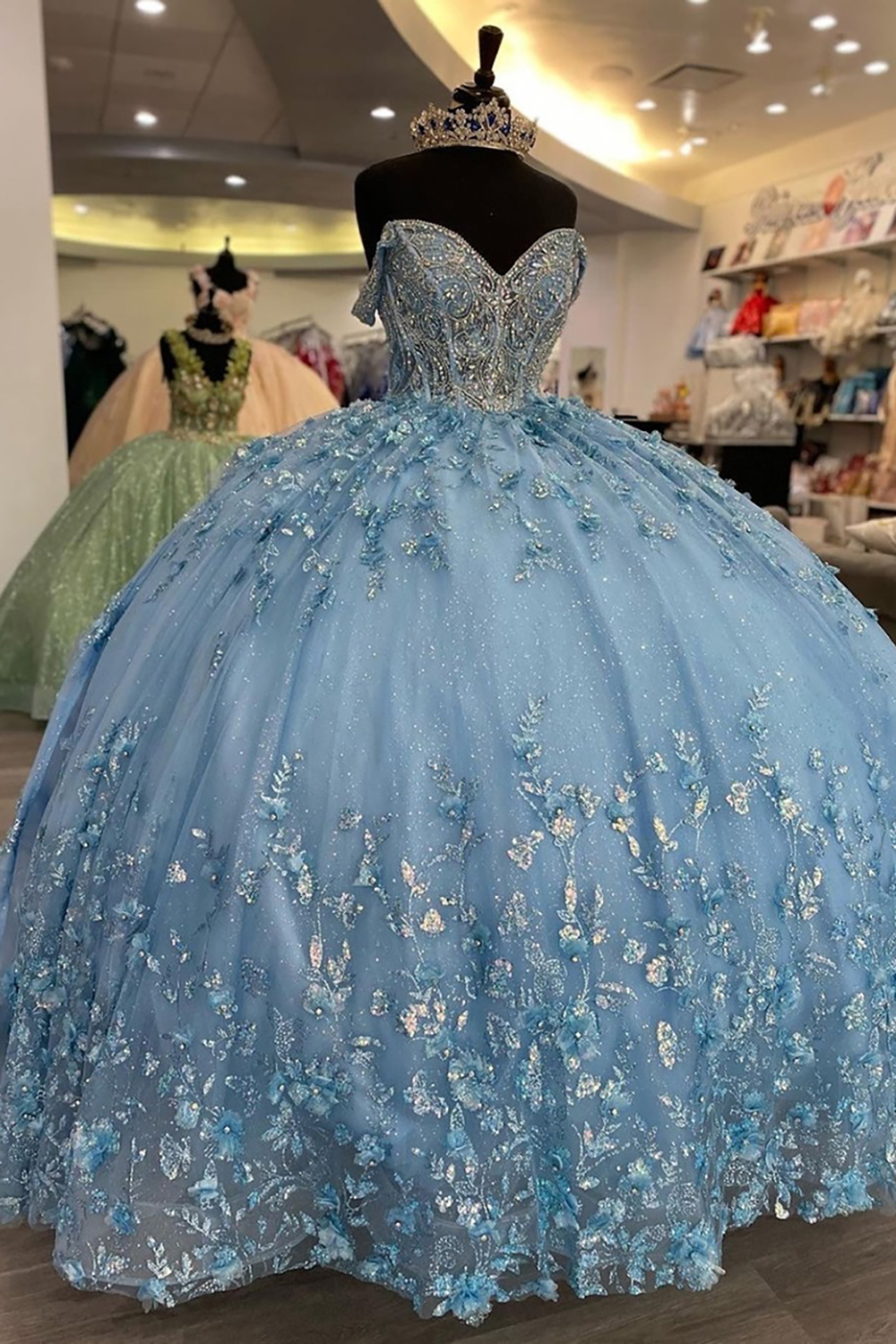 Glitter Pink Off the Shoulder Ball Gown Tulle Quinceanera Dress with Appliques