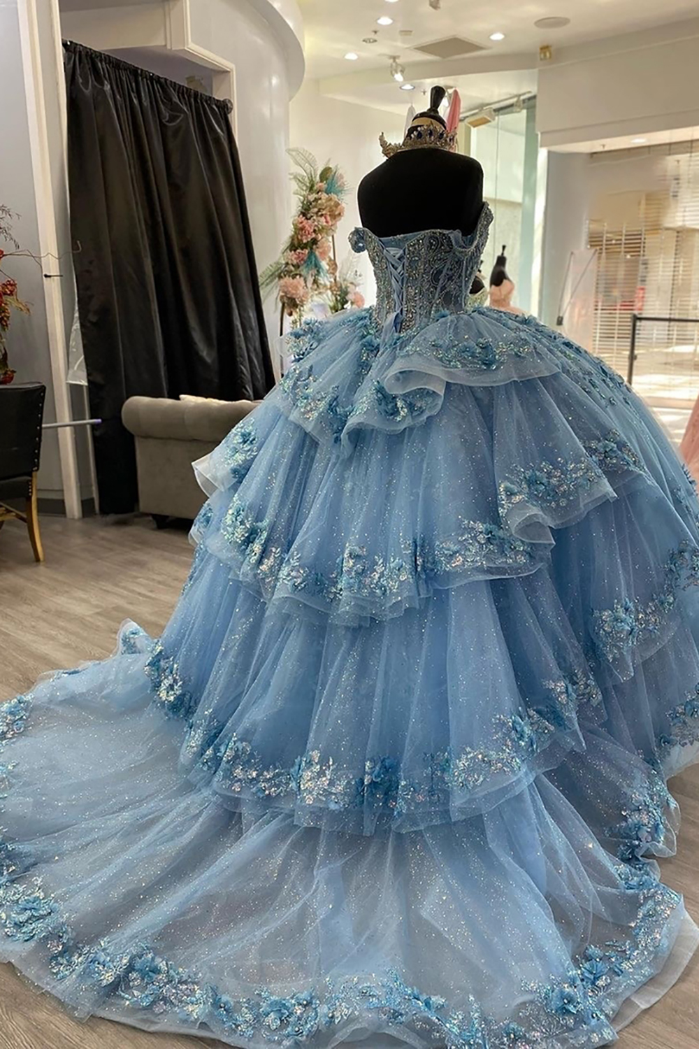 Glitter Pink Off the Shoulder Ball Gown Tulle Quinceanera Dress with Appliques