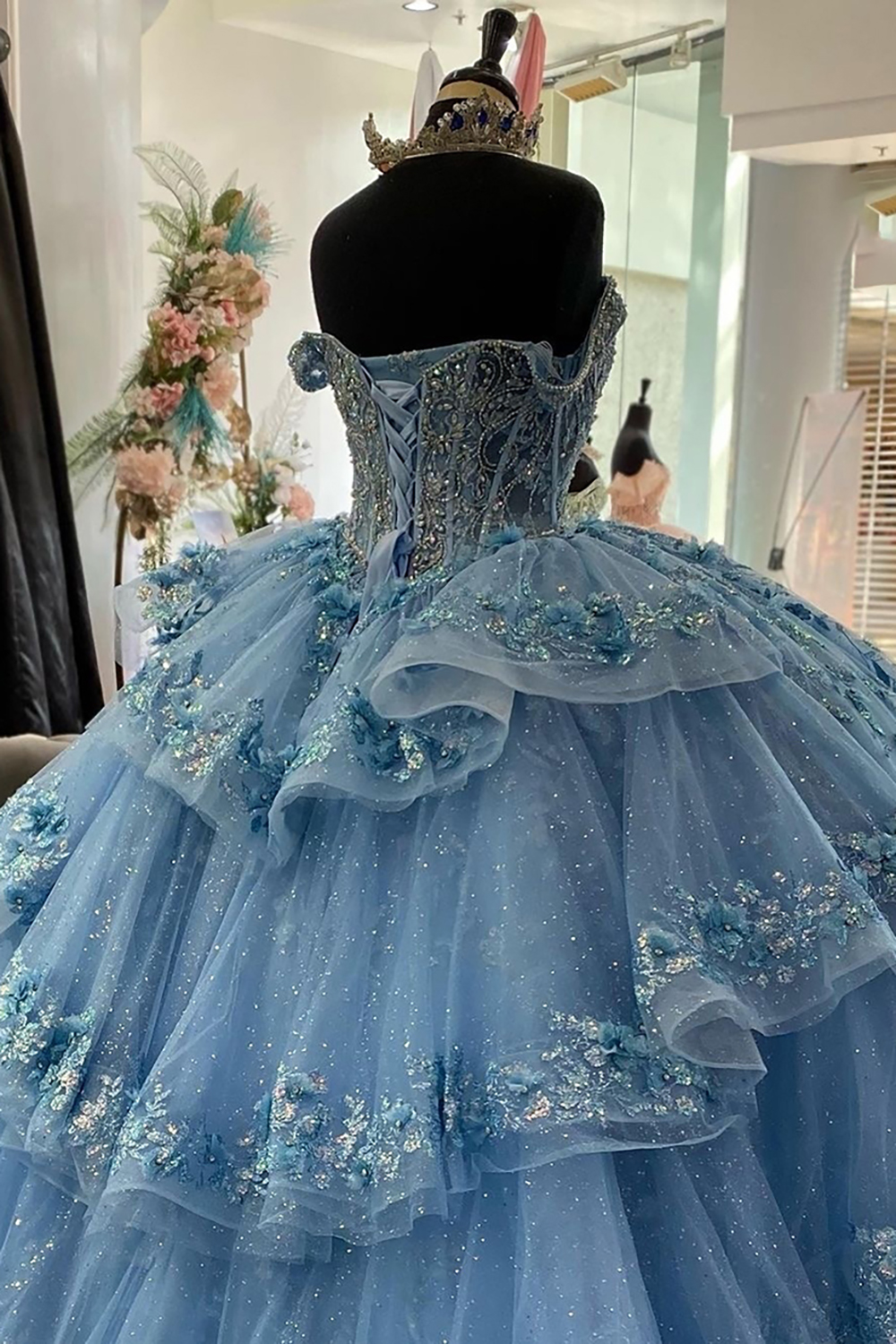 Glitter Pink Off the Shoulder Ball Gown Tulle Quinceanera Dress with Appliques